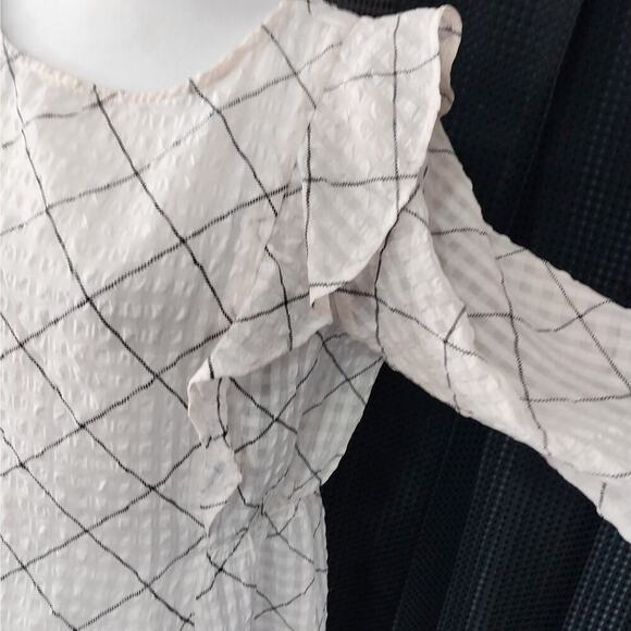 LOFT! CREAM & BLACK PLAID RUFFLE FRONT, ELASTIC WAIST POUF SLEEVE BLOUSE! SZ M - Picture 5 of 8